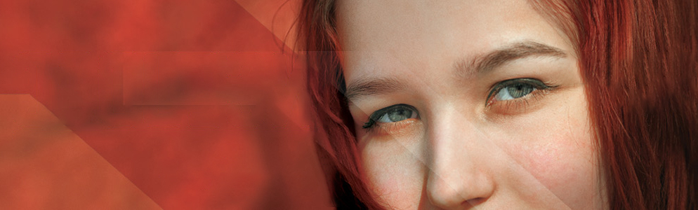 womans head in front of red background